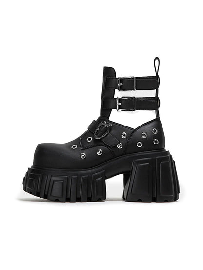 Triple-Strap Cutout Platform Ankle Boots