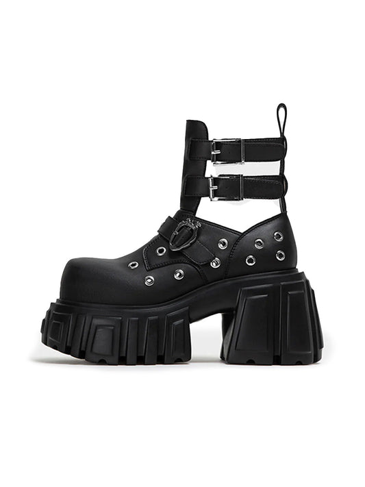 Triple-Strap Cutout Platform Ankle Boots