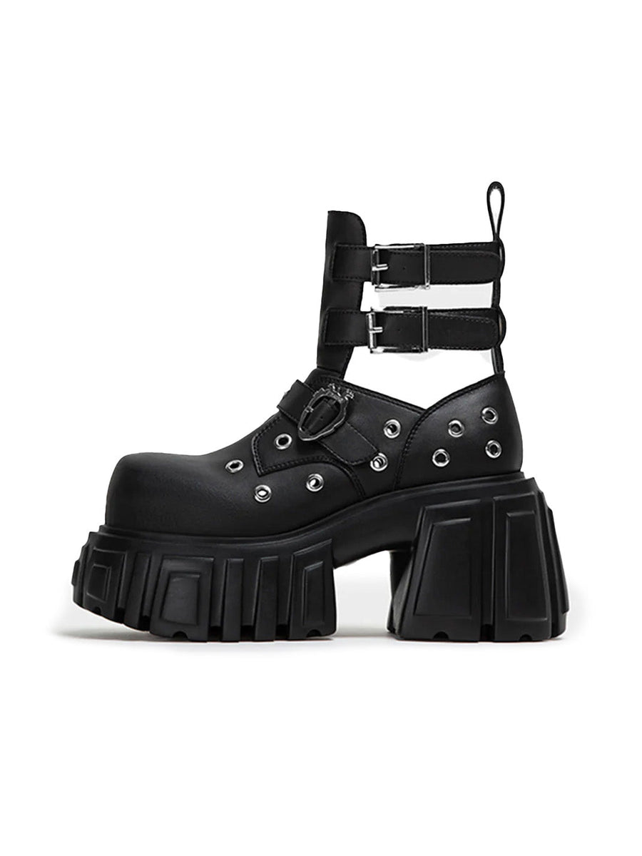 Triple-Strap Cutout Platform Ankle Boots
