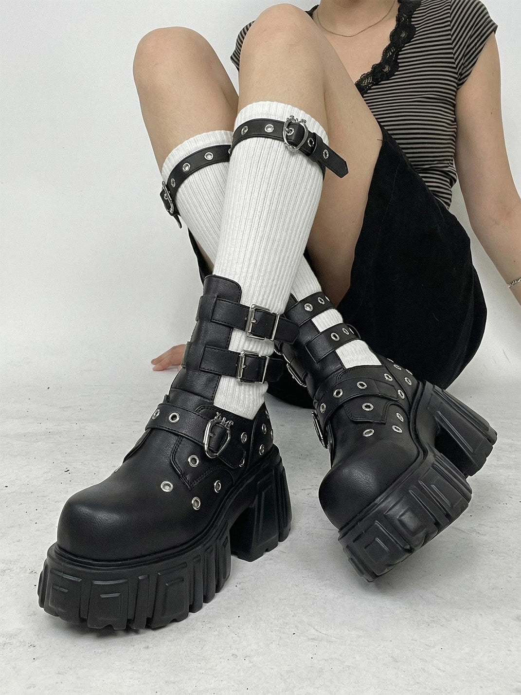 Triple-Strap Cutout Platform Ankle Boots