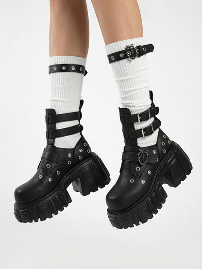 Triple-Strap Cutout Platform Ankle Boots