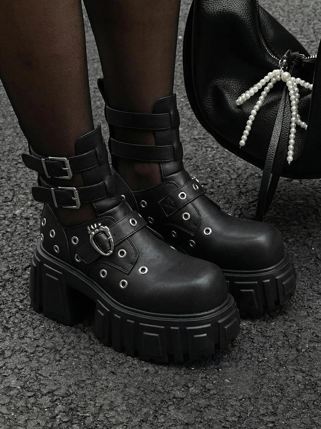 Triple-Strap Cutout Platform Ankle Boots