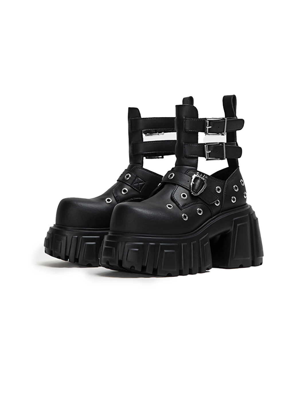 Triple-Strap Cutout Platform Ankle Boots