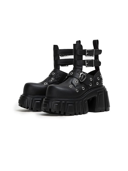 Triple-Strap Cutout Platform Ankle Boots