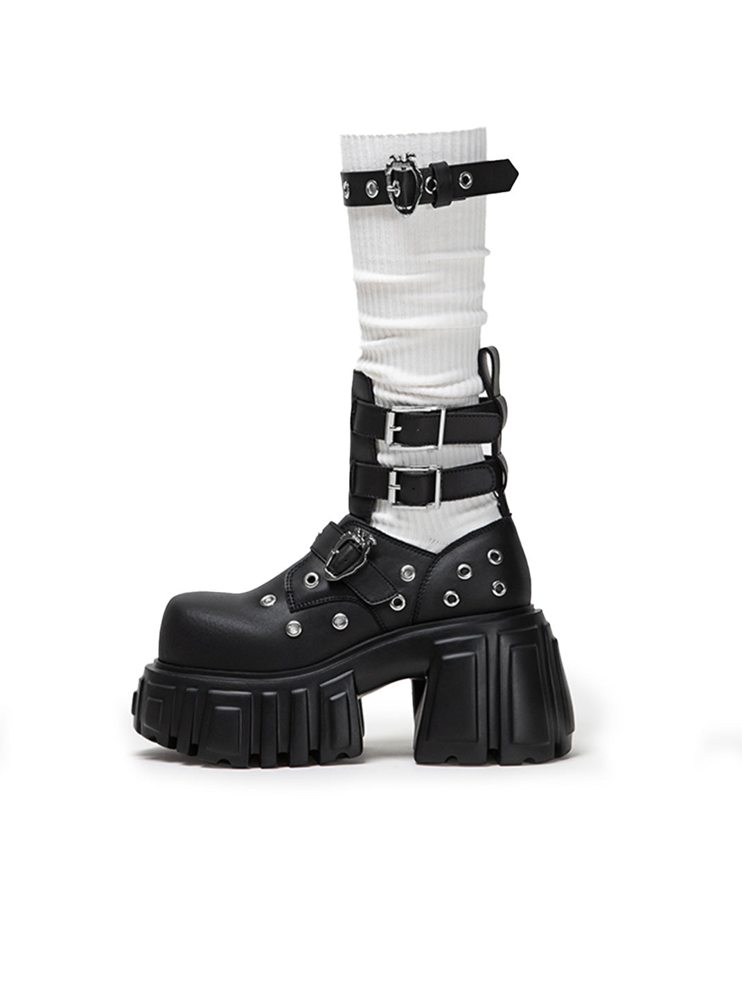 Triple-Strap Cutout Platform Ankle Boots