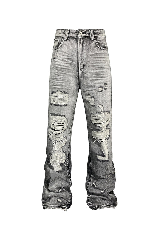 TECNINEGROUP Distressed Ash-Washed Flared Jeans