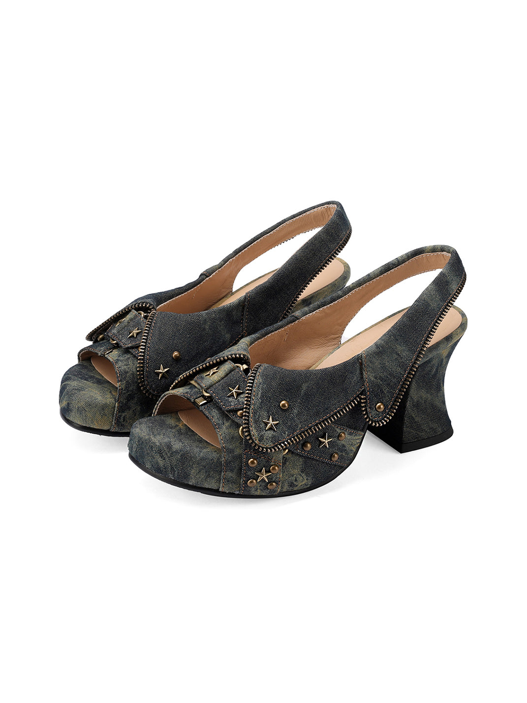 Studded Western Peep-Toe Slingback Heels