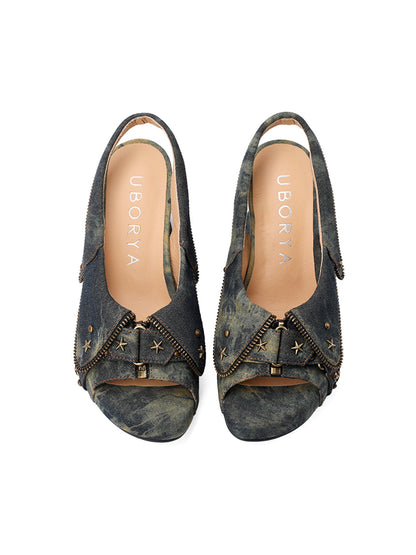 Studded Western Peep-Toe Slingback Heels