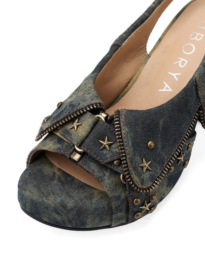 Studded Western Peep-Toe Slingback Heels