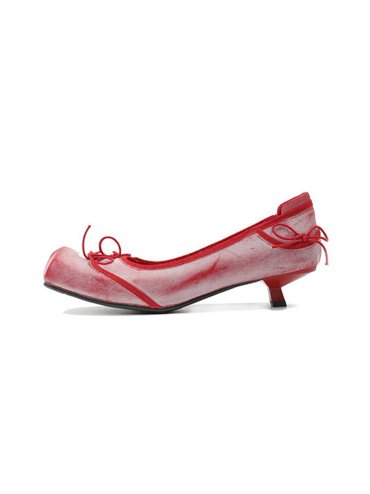 Square-Toe Mesh Bow Kitten-Heel Flats