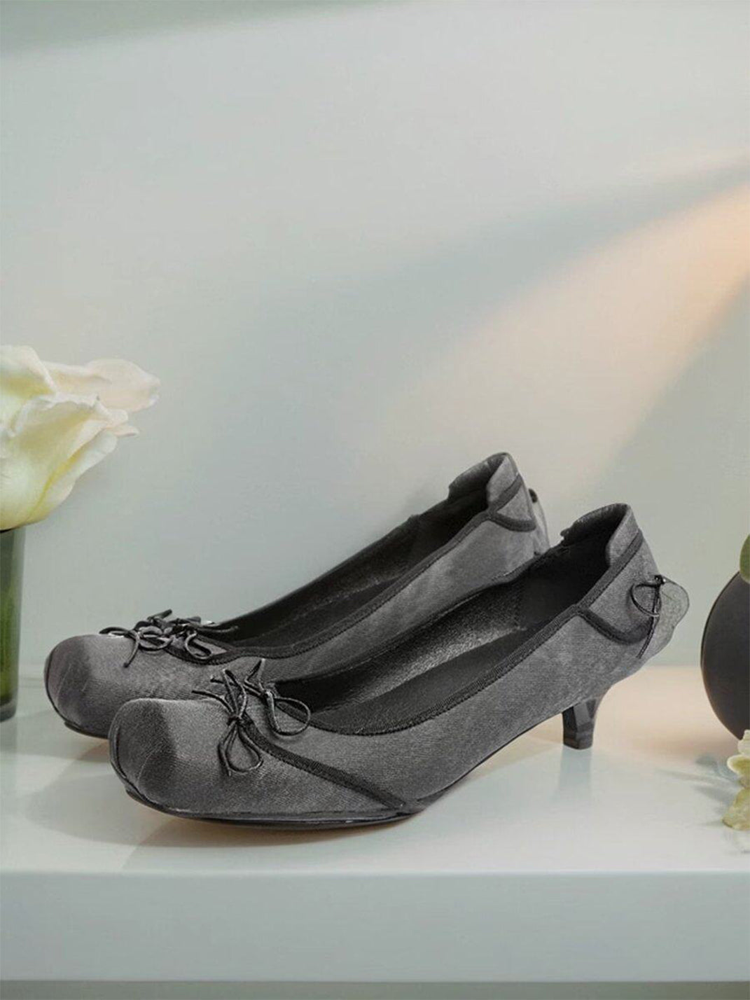 Square-Toe Mesh Bow Kitten-Heel Flats