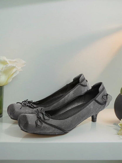 Square-Toe Mesh Bow Kitten-Heel Flats