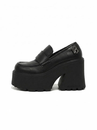 Black Lug-Platform Block-Heel Loafers
