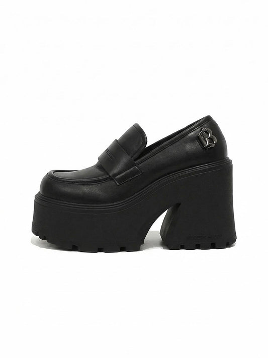 Black Lug-Platform Block-Heel Loafers