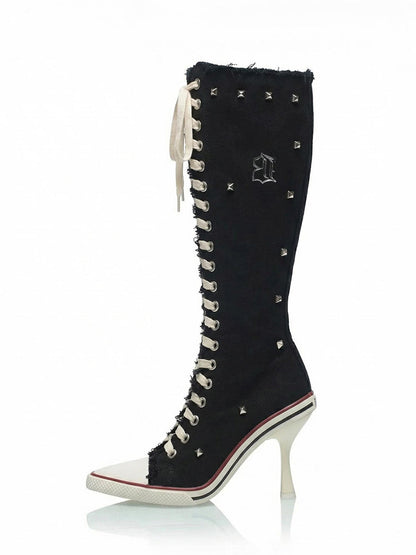 Corset-Lace Knee-High Heeled Boots