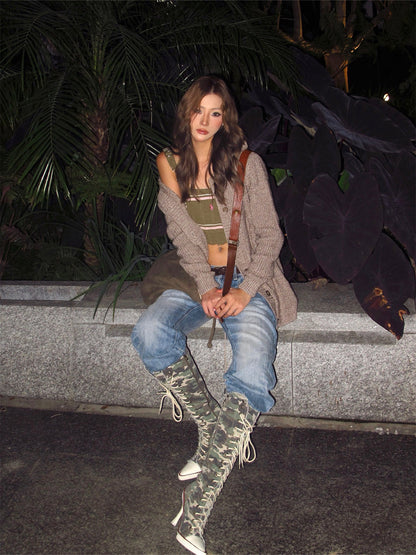 Corset-Lace Knee-High Heeled Boots
