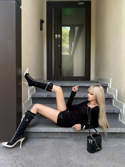 Corset-Lace Knee-High Heeled Boots