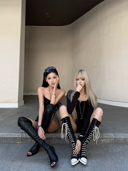 Corset-Lace Knee-High Heeled Boots