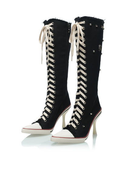 Corset-Lace Knee-High Heeled Boots