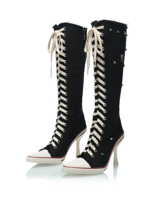 Corset-Lace Knee-High Heeled Boots