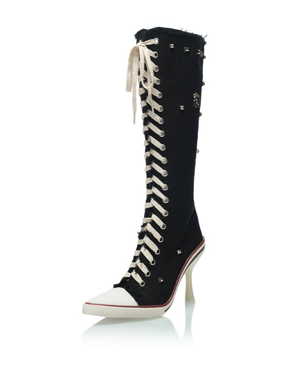 Corset-Lace Knee-High Heeled Boots