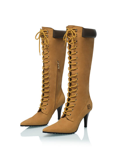 Corset-Lace Pointed Knee-High Boots