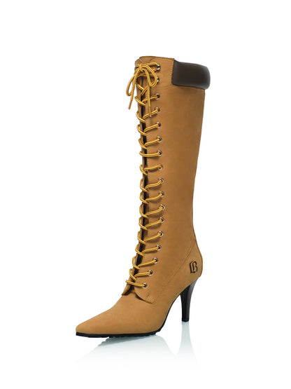 Corset-Lace Pointed Knee-High Boots