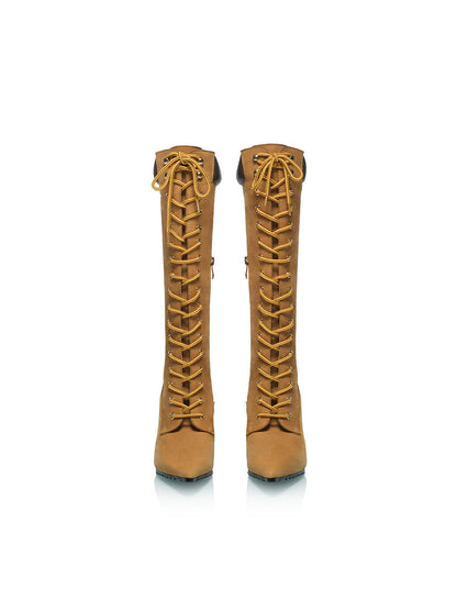 Corset-Lace Pointed Knee-High Boots