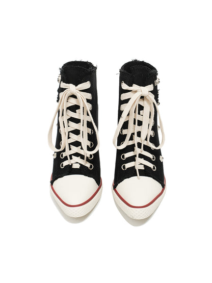 Studded Canvas High-Heel Sneaker Boots