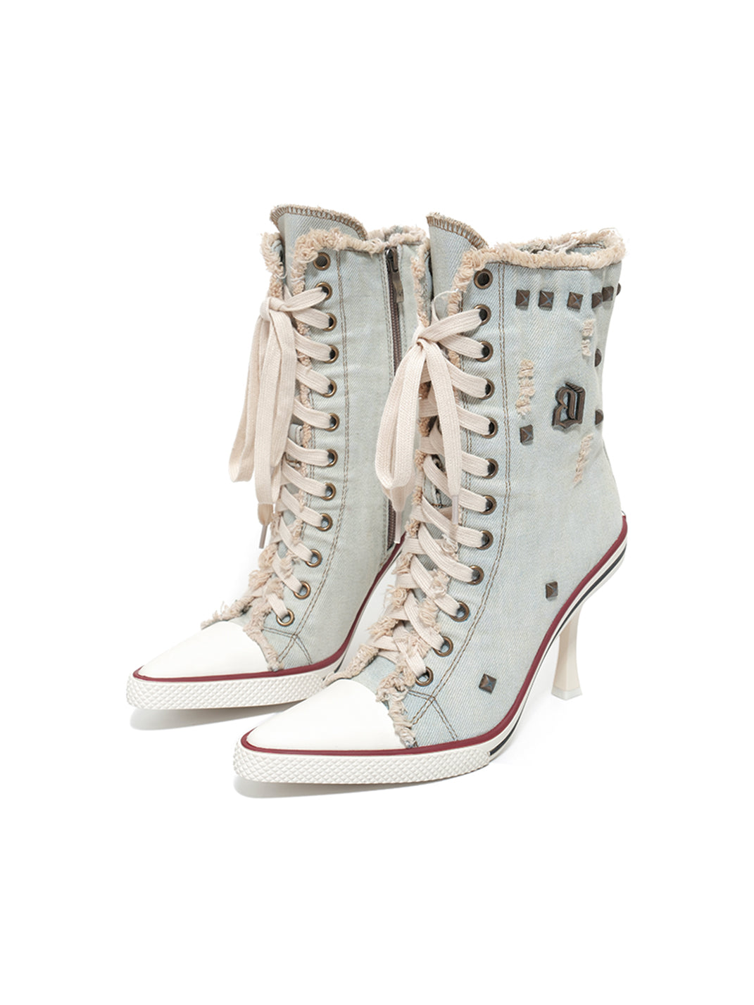 Distressed Studded Denim Platform Boots