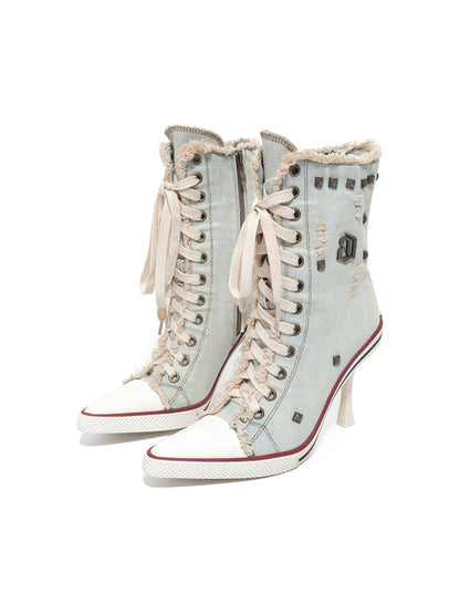 Distressed Studded Denim Platform Boots