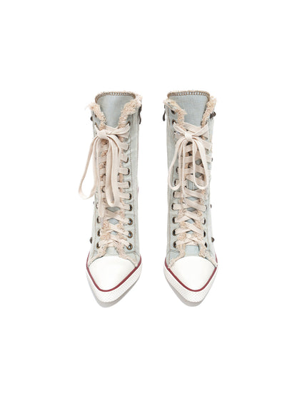 Distressed Studded Denim Platform Boots