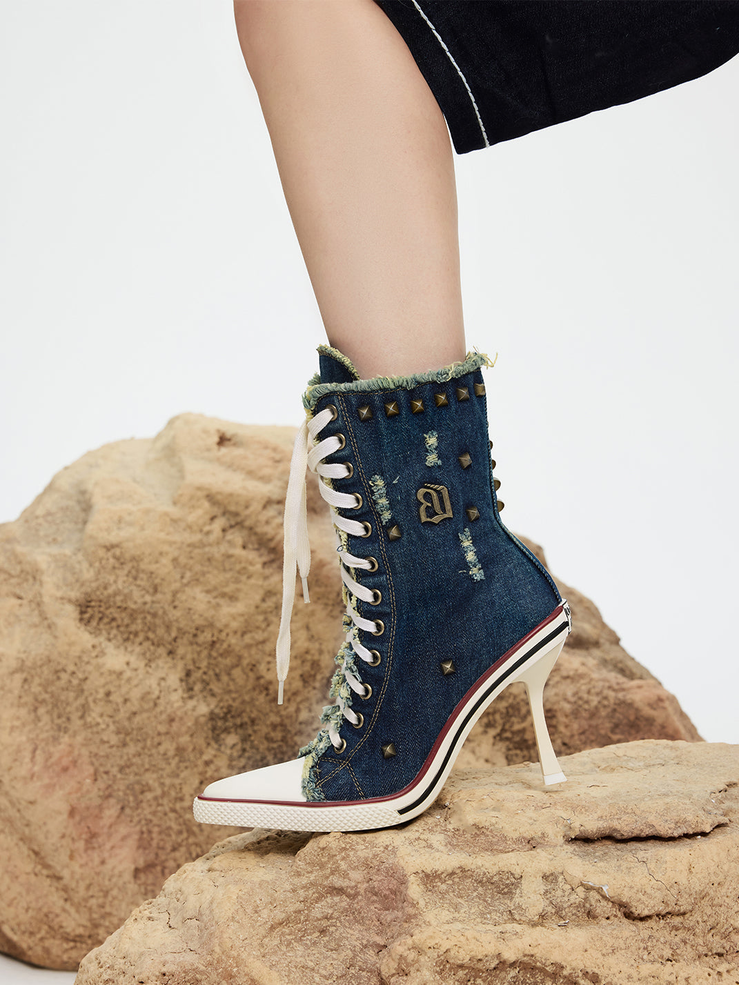 Distressed Studded Denim Platform Boots