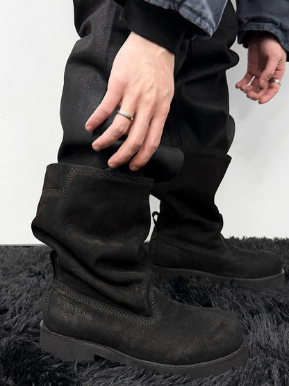 Tumbled Leather Slouch Mid-Calf Boots