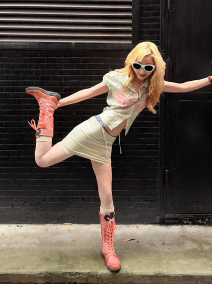Washed PU Lace-Up Y2K Tall Boots