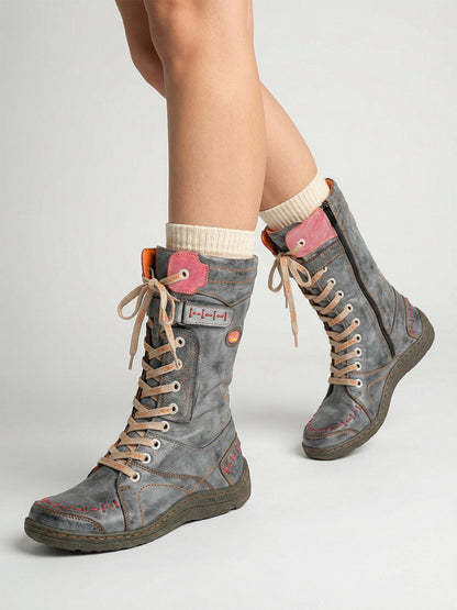 Washed PU Lace-Up Y2K Tall Boots