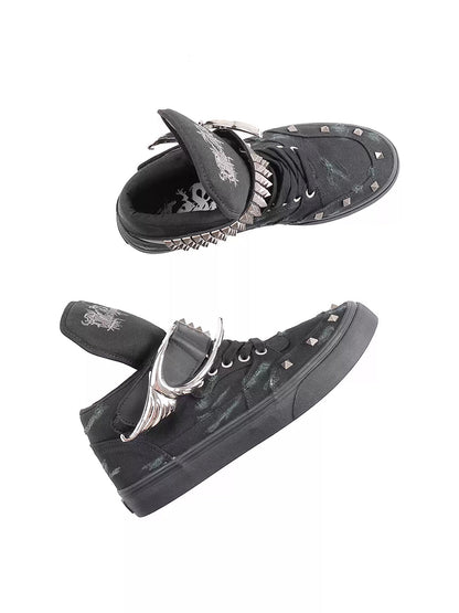 Distressed Wing-Strap High-Top Canvas Sneakers