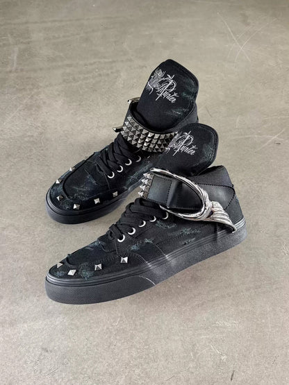 Distressed Wing-Strap High-Top Canvas Sneakers
