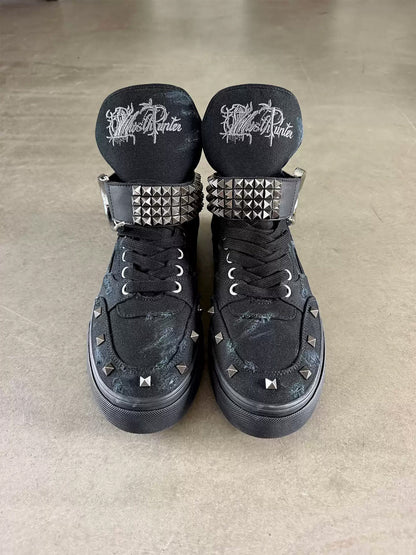 Distressed Wing-Strap High-Top Canvas Sneakers