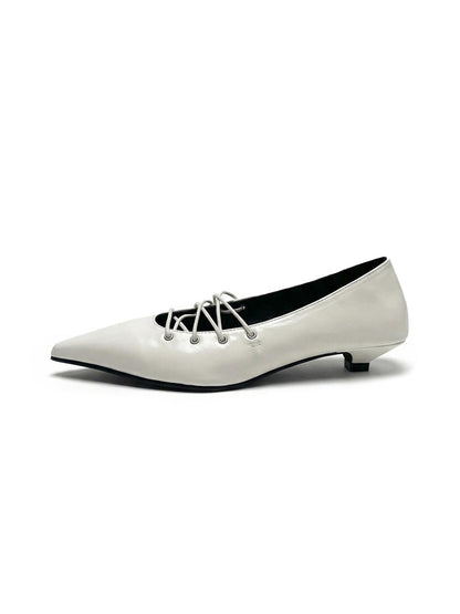 White Corset-Lace Pointed Ballet Flats