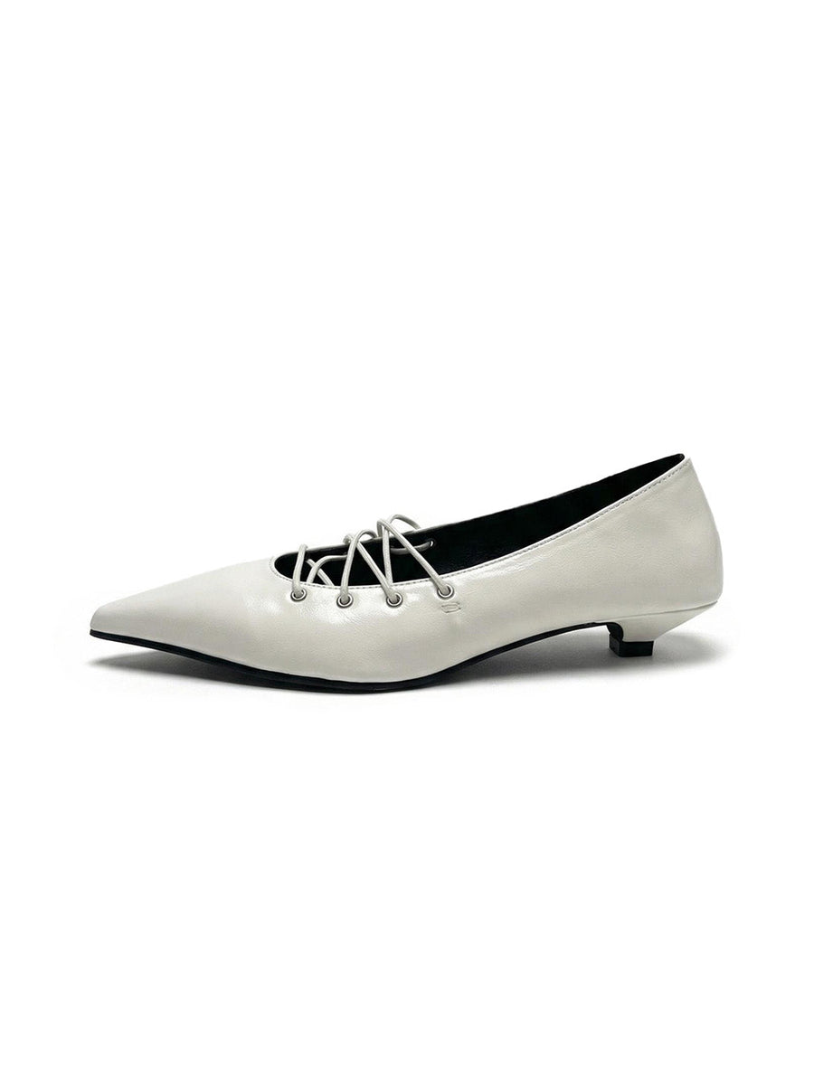 White Corset-Lace Pointed Ballet Flats