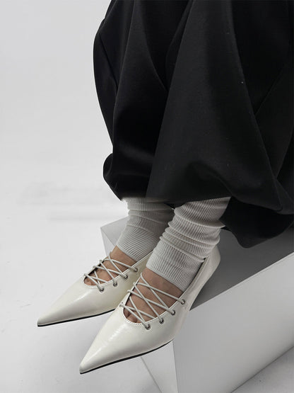 White Corset-Lace Pointed Ballet Flats