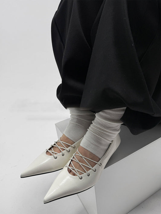 White Corset-Lace Pointed Ballet Flats