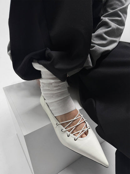 White Corset-Lace Pointed Ballet Flats