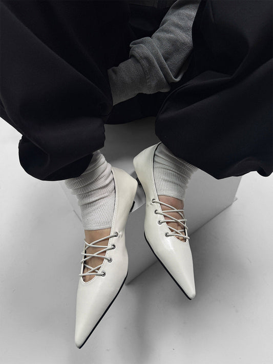White Corset-Lace Pointed Ballet Flats