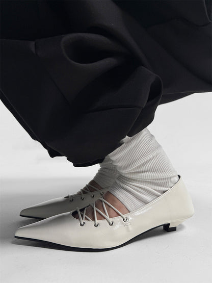White Corset-Lace Pointed Ballet Flats