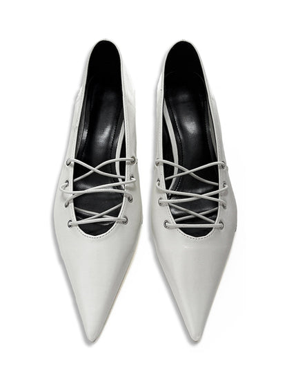 White Corset-Lace Pointed Ballet Flats