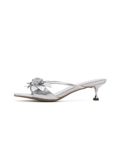 White Floral Kitten-Heel Slide Sandals