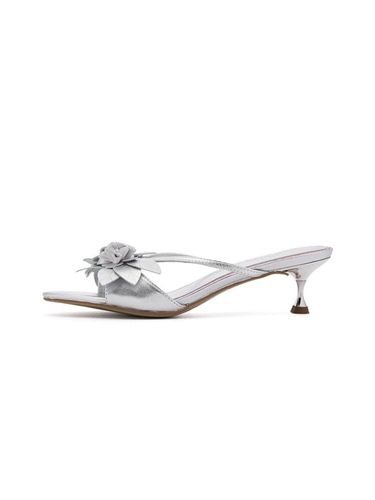 White Floral Kitten-Heel Slide Sandals