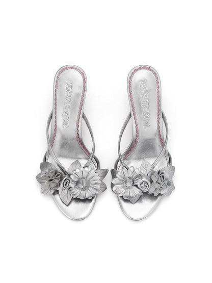 White Floral Kitten-Heel Slide Sandals